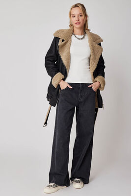 Suni Deri İçi Kürk Detaylı Uzun Biker Ceket - 7