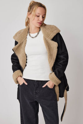 Suni Deri İçi Kürk Detaylı Uzun Biker Ceket - 8