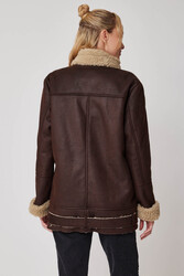 Suni Deri İçi Kürk Detaylı Uzun Biker Ceket - 5