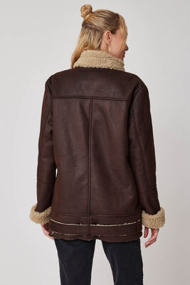 Suni Deri İçi Kürk Detaylı Uzun Biker Ceket - 5