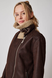 Suni Deri İçi Kürk Detaylı Uzun Biker Ceket - 6