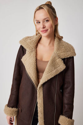 Suni Deri İçi Kürk Detaylı Uzun Biker Ceket - 4