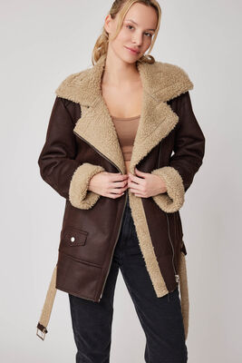Suni Deri İçi Kürk Detaylı Uzun Biker Ceket - 3