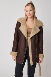 Suni Deri İçi Kürk Detaylı Uzun Biker Ceket - 2