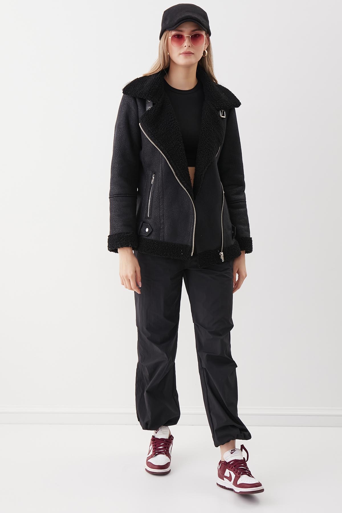 Suni Deri Kemer Detaylı Kürklü Biker Ceket - Thumbnail