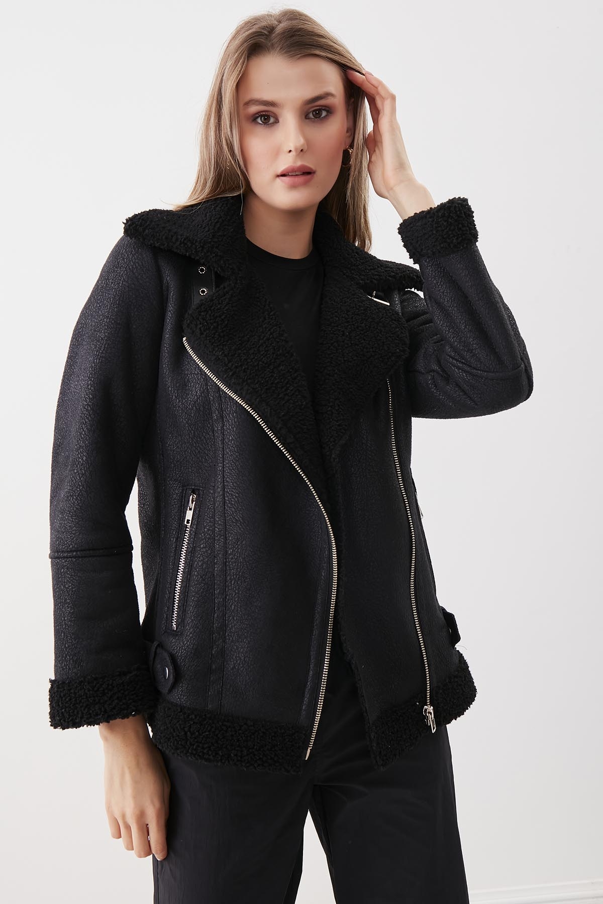 Suni Deri Kemer Detaylı Kürklü Biker Ceket - Thumbnail