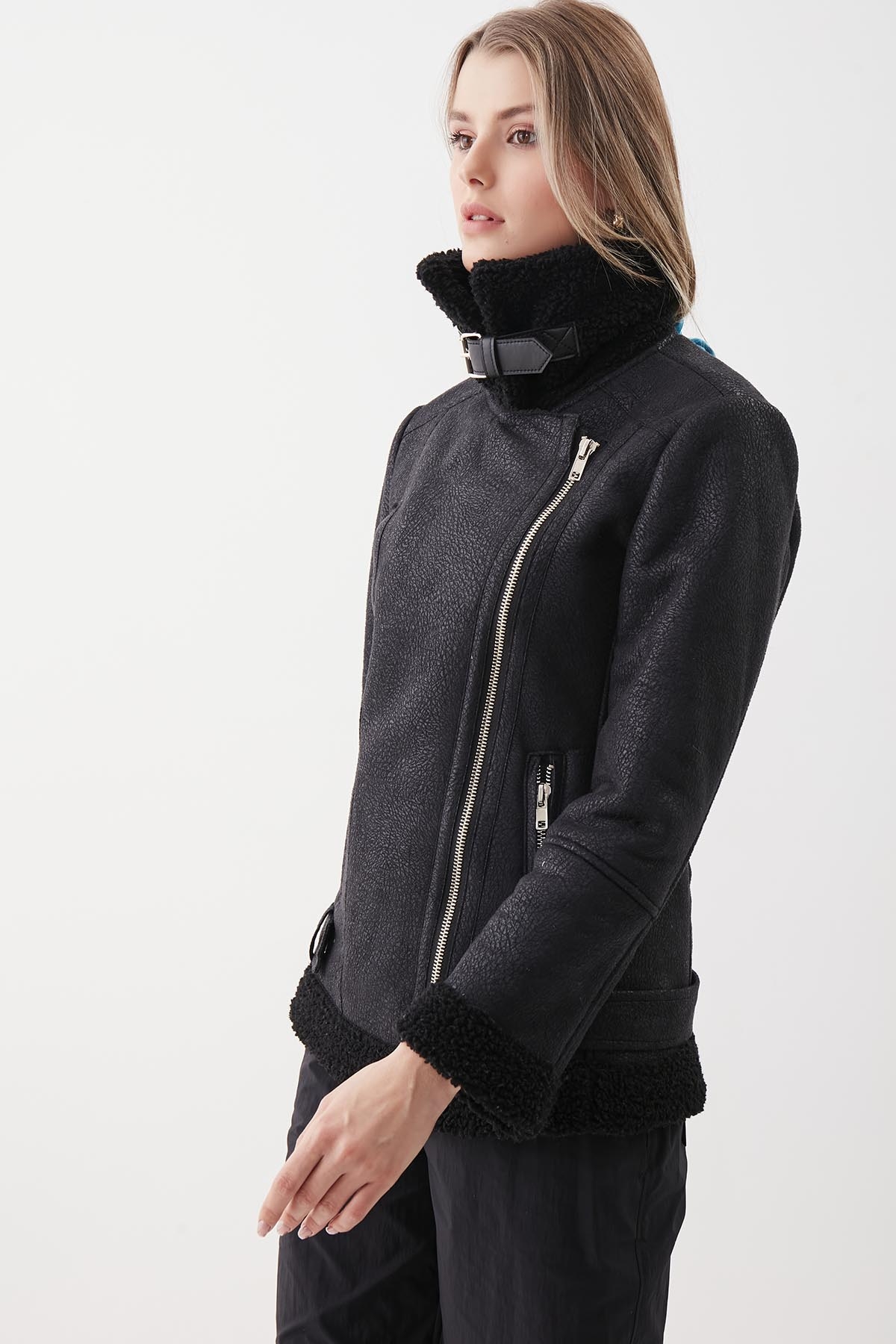 Suni Deri Kemer Detaylı Kürklü Biker Ceket - Thumbnail