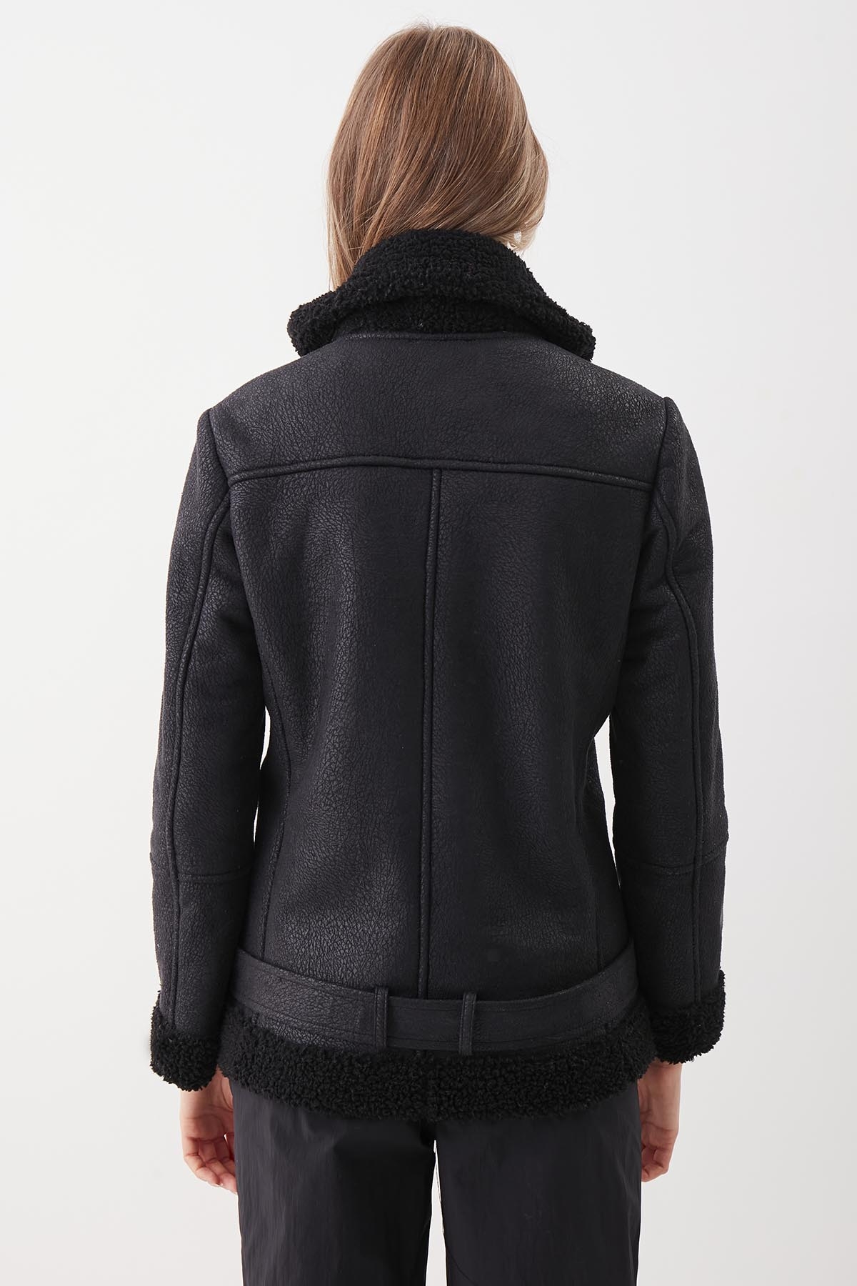 Suni Deri Kemer Detaylı Kürklü Biker Ceket - Thumbnail