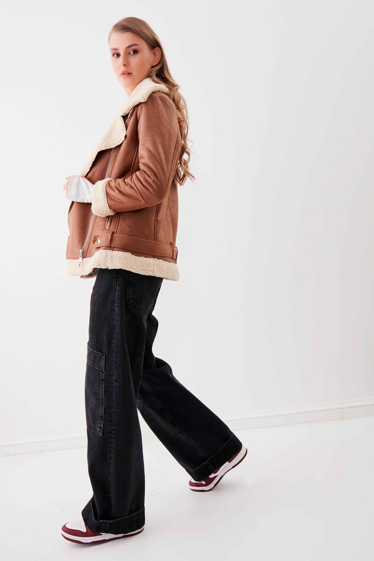 Suni Deri Kemer Detaylı Kürklü Biker Ceket - Thumbnail