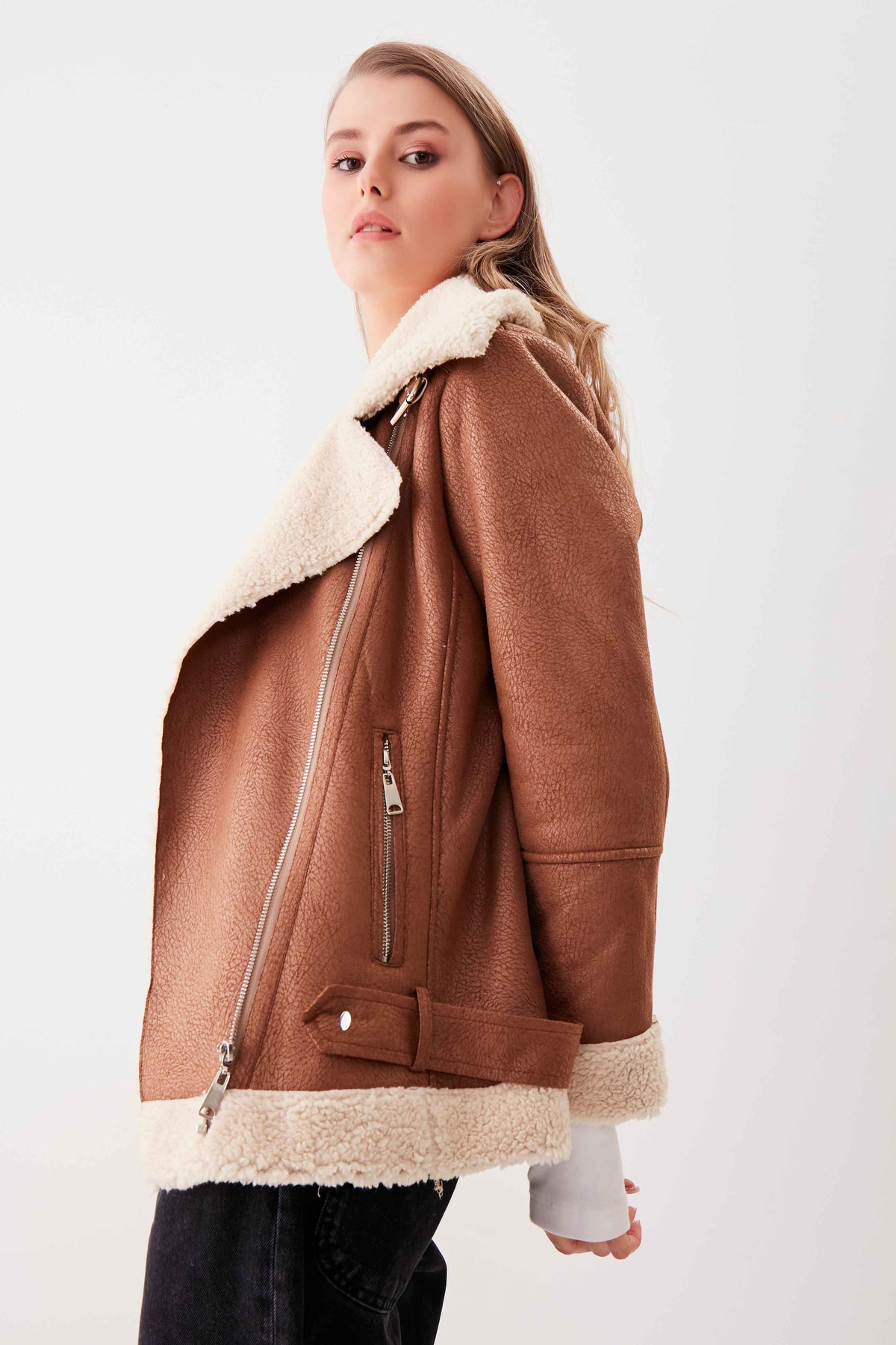 Suni Deri Kemer Detaylı Kürklü Biker Ceket - Thumbnail