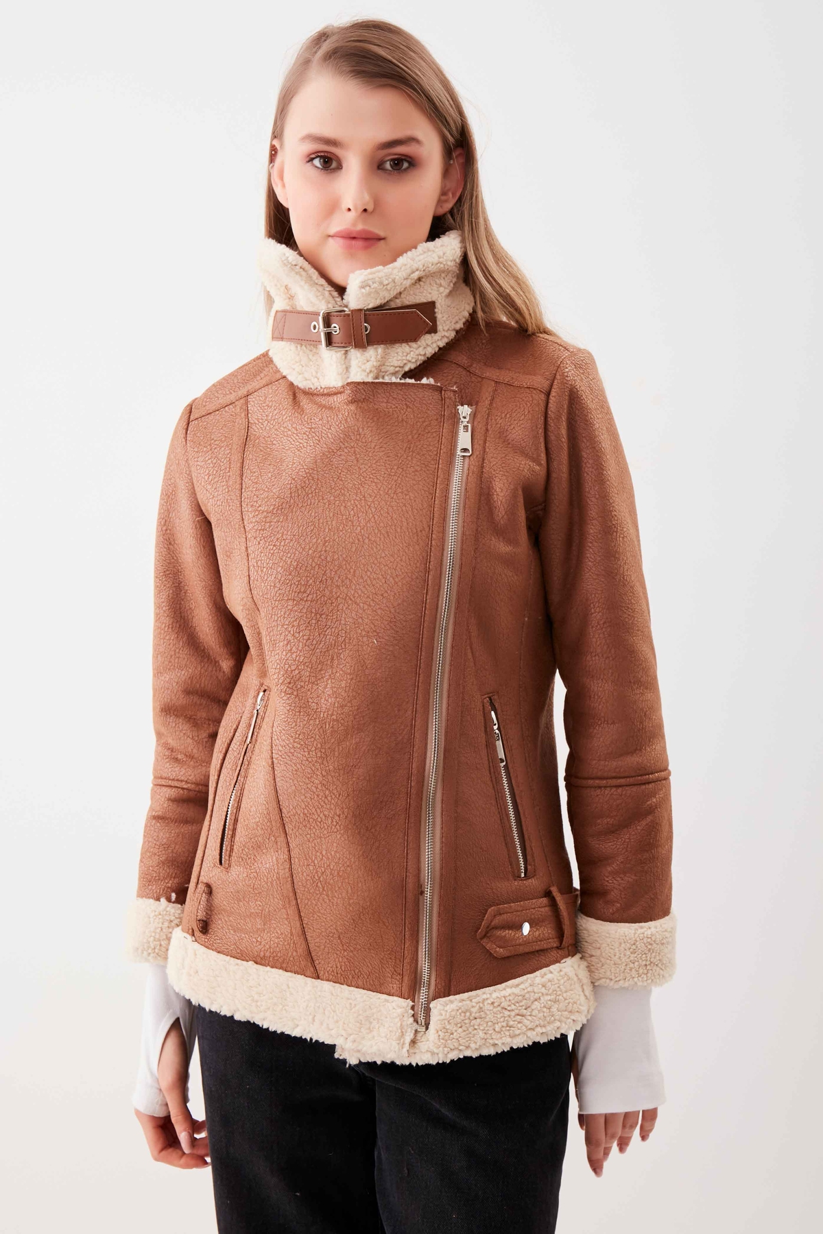 Suni Deri Kemer Detaylı Kürklü Biker Ceket - Thumbnail