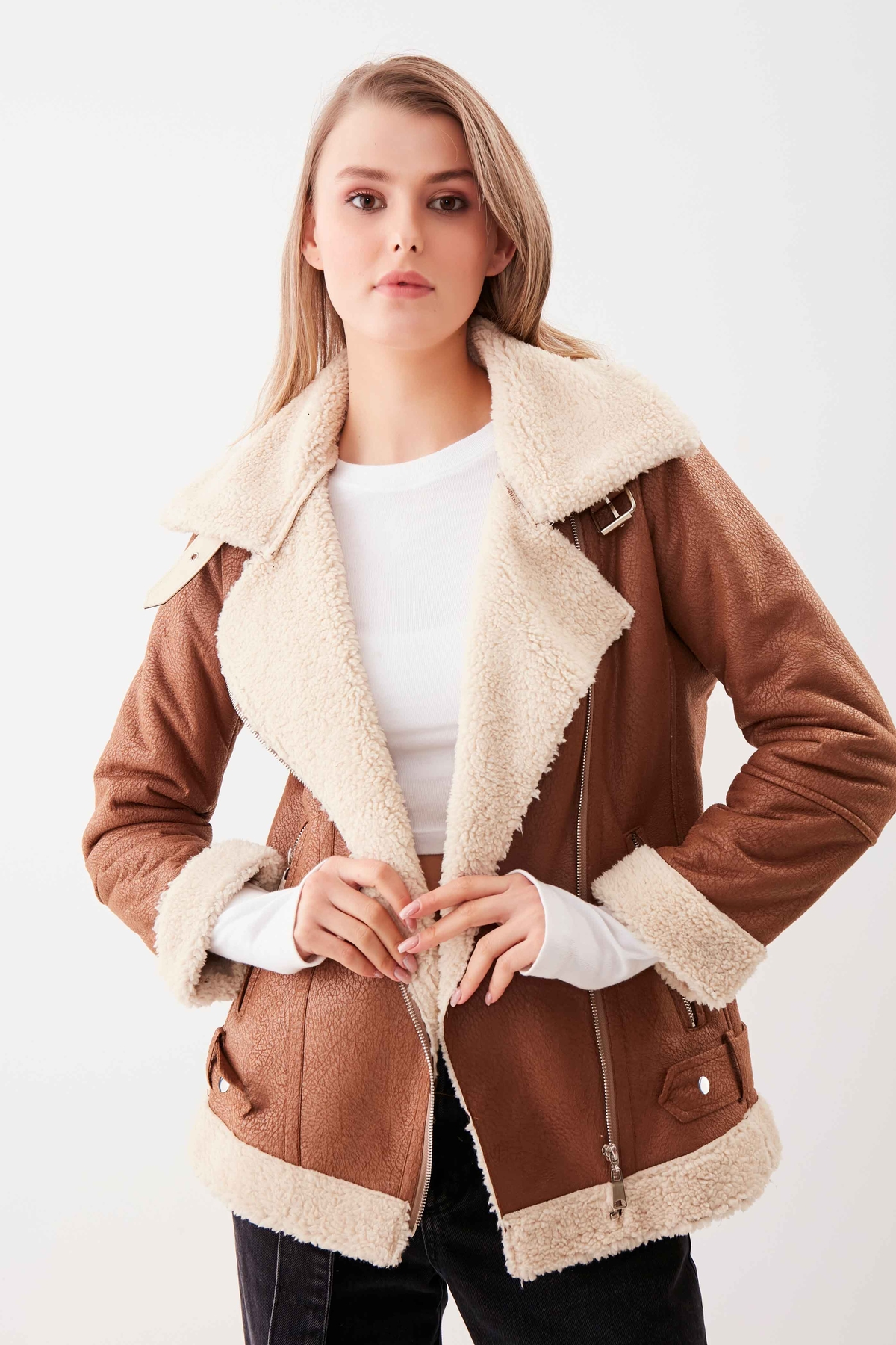 Suni Deri Kemer Detaylı Kürklü Biker Ceket - Thumbnail