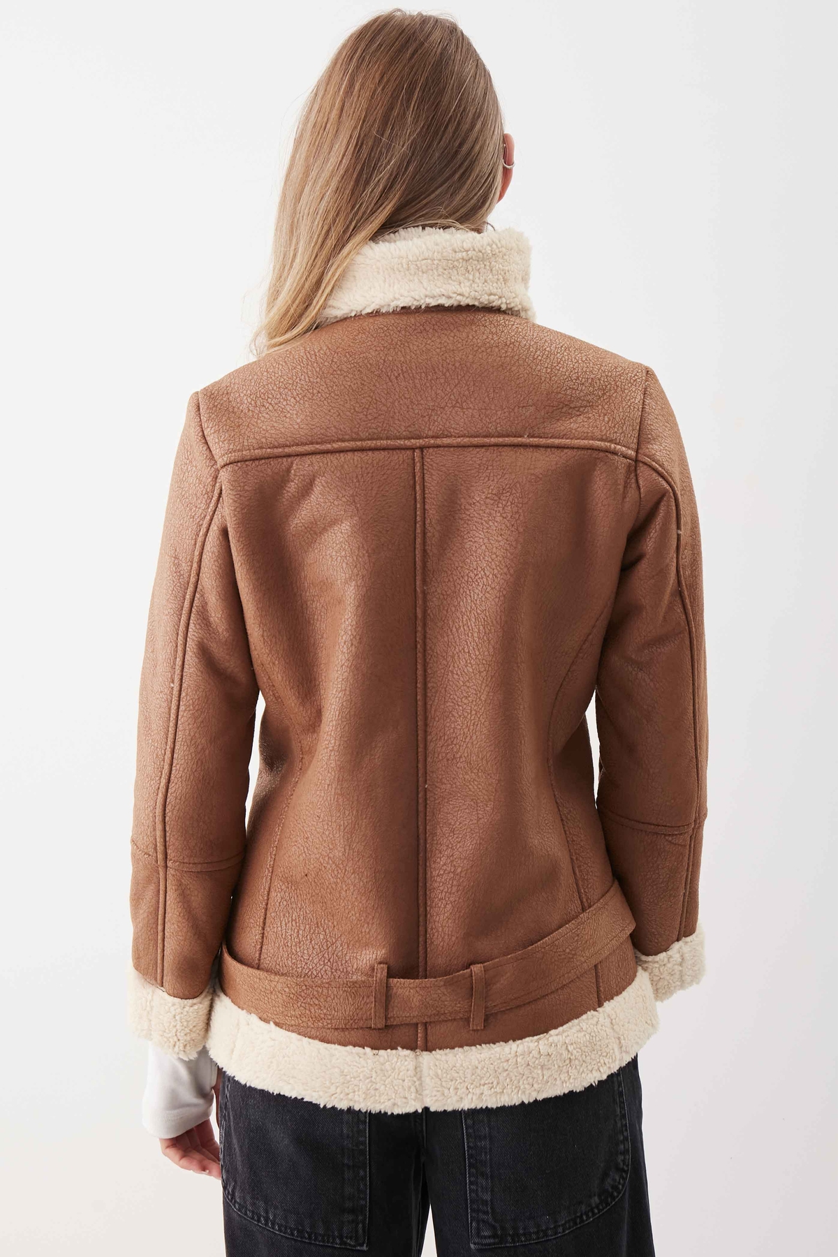 Suni Deri Kemer Detaylı Kürklü Biker Ceket - Thumbnail