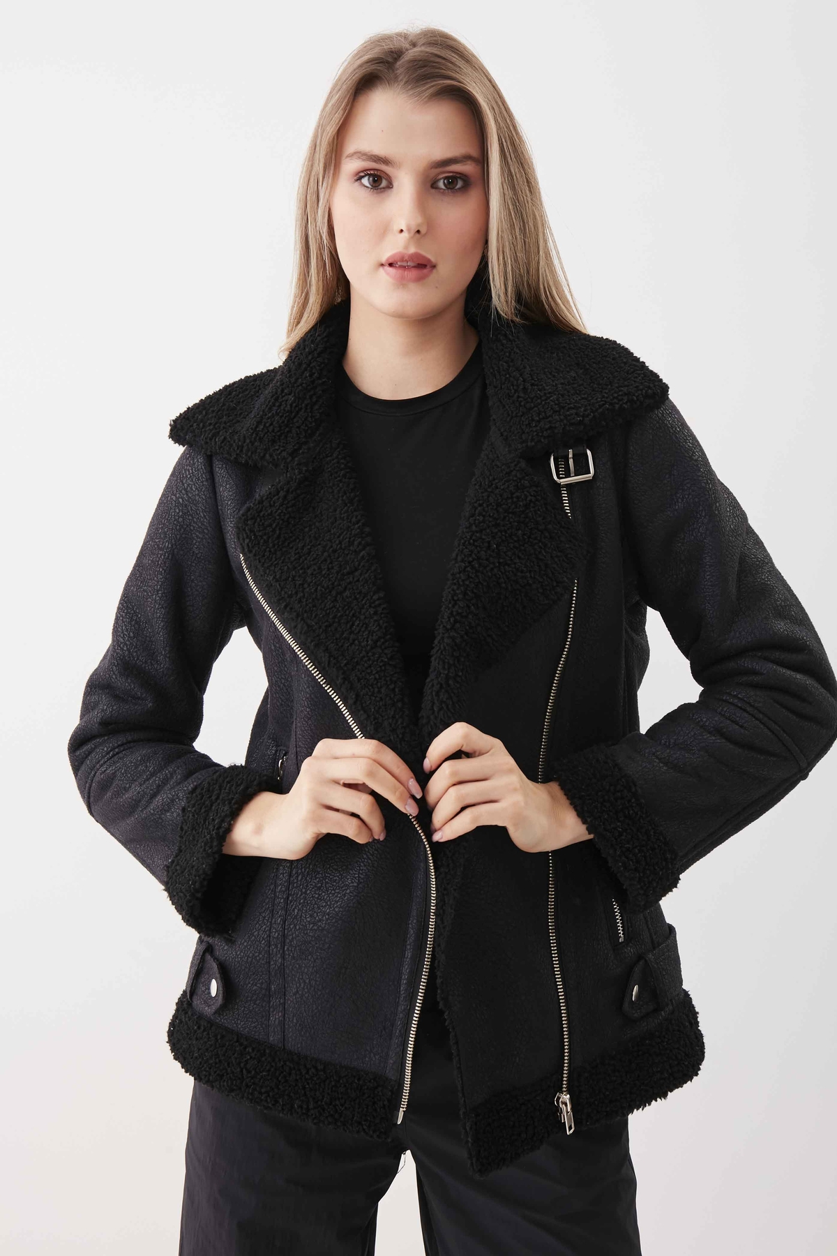 Suni Deri Kemer Detaylı Kürklü Biker Ceket - Thumbnail