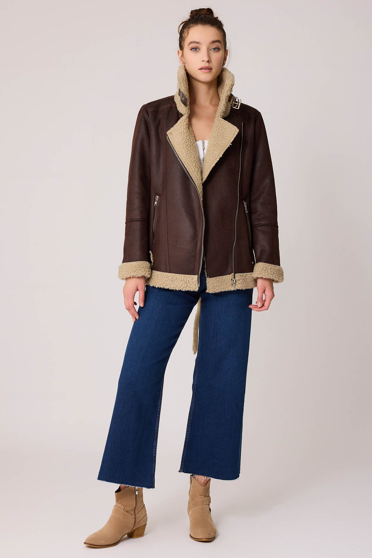 Suni Deri Kemer Detaylı Kürklü Biker Ceket - Thumbnail