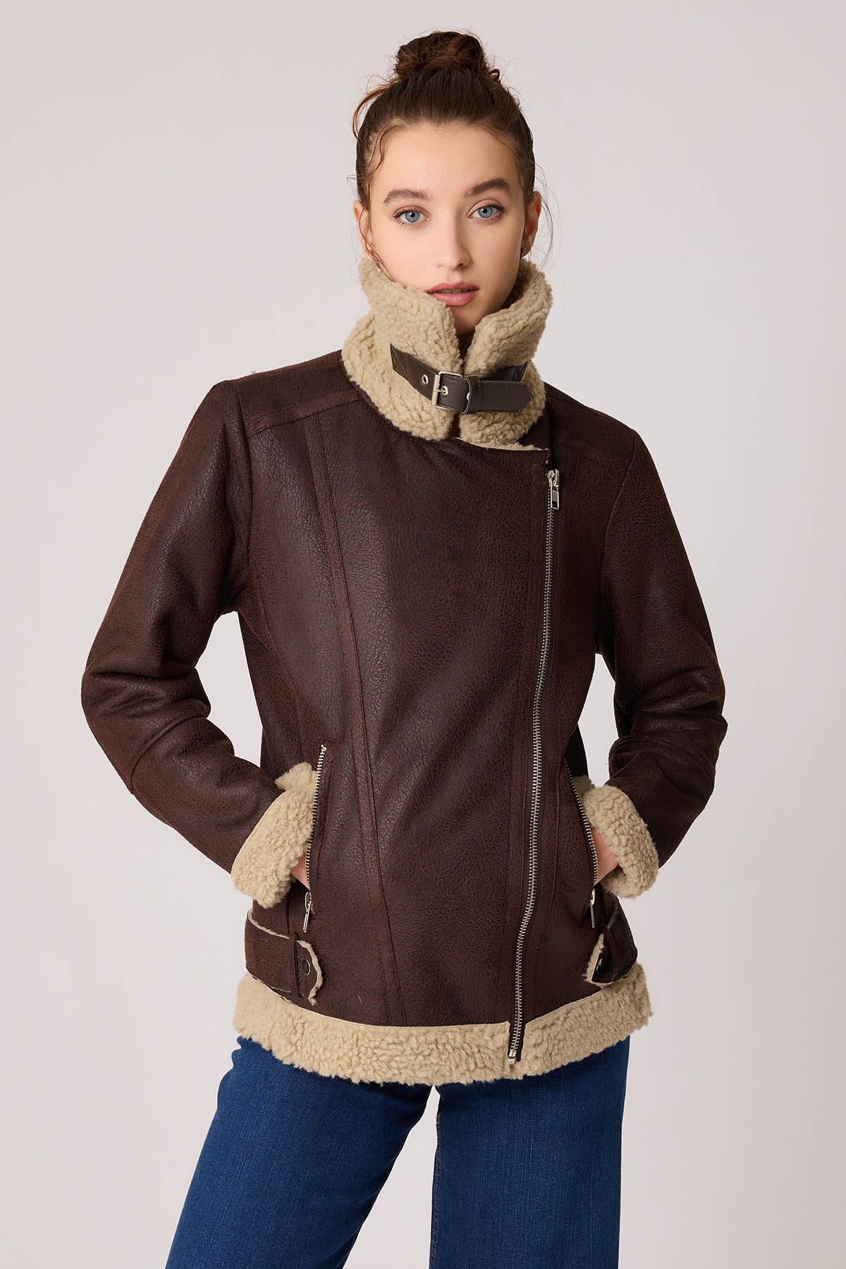 Suni Deri Kemer Detaylı Kürklü Biker Ceket - Thumbnail