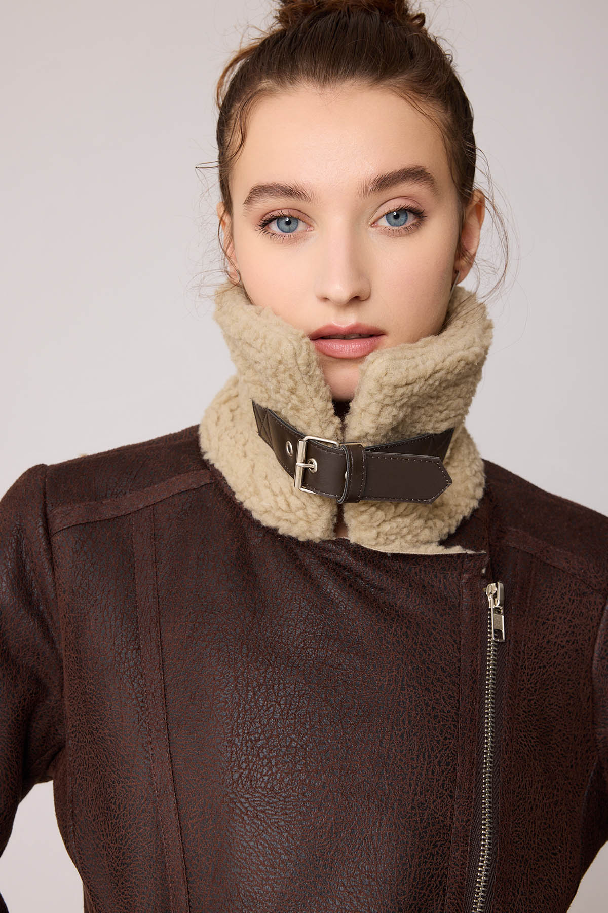 Suni Deri Kemer Detaylı Kürklü Biker Ceket - Thumbnail