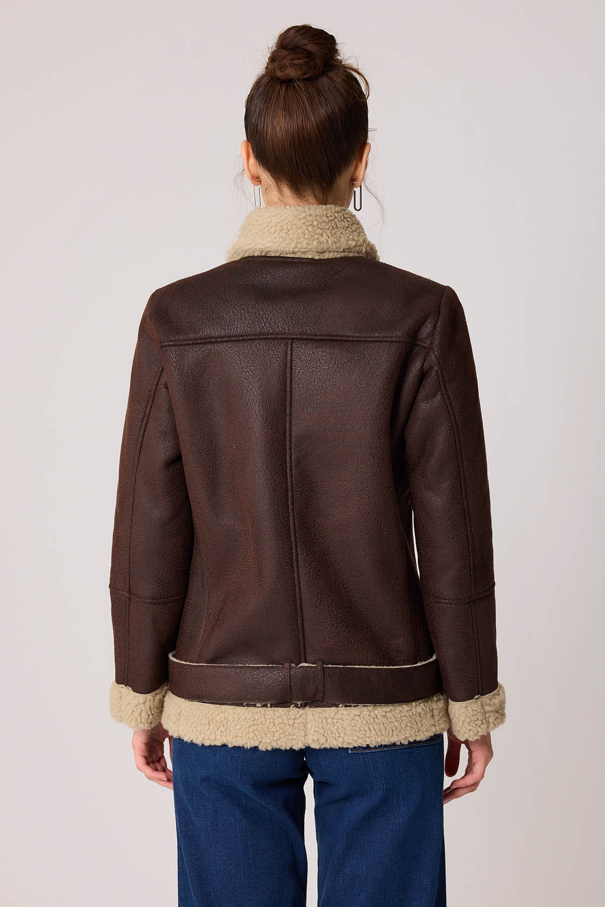 Suni Deri Kemer Detaylı Kürklü Biker Ceket - Thumbnail