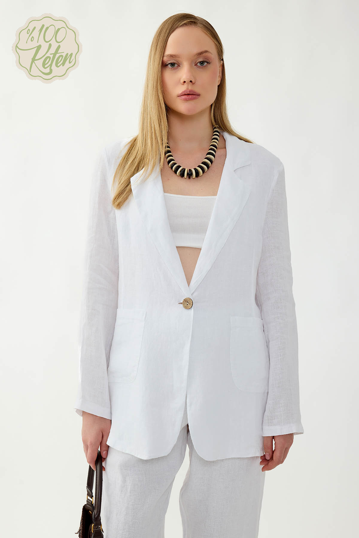 %100 Keten Tek Düğme Cepli Ceket - Thumbnail