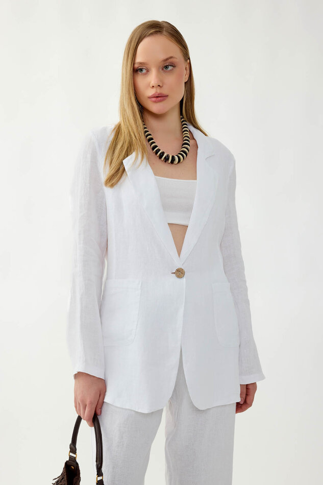 %100 Keten Tek Düğme Cepli Ceket - 3