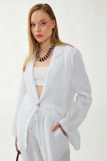 %100 Keten Tek Düğme Cepli Ceket - 4