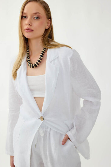 %100 Keten Tek Düğme Cepli Ceket - 5