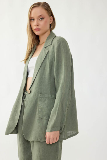 %100 Keten Tek Düğme Cepli Ceket - 10