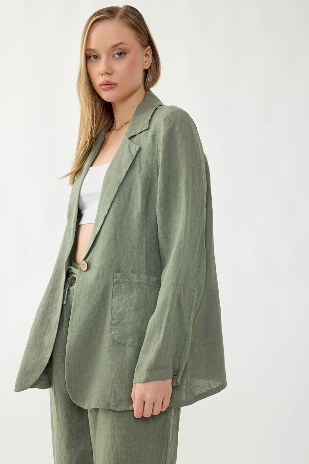 %100 Keten Tek Düğme Cepli Ceket - 10