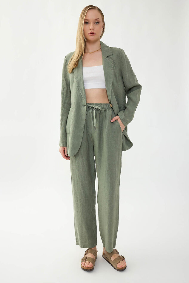 %100 Keten Tek Düğme Cepli Ceket - 8