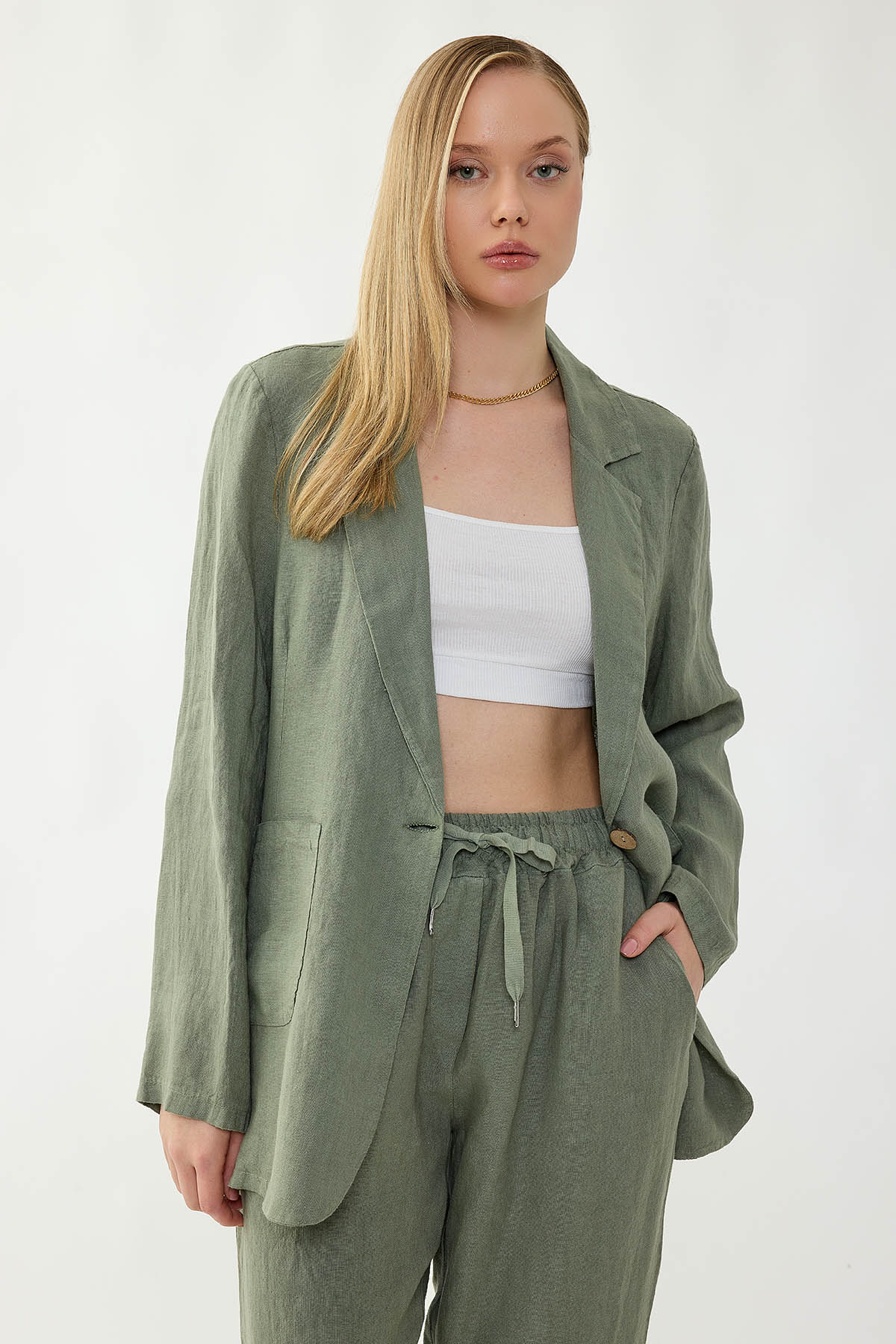 %100 Keten Tek Düğme Cepli Ceket - Thumbnail