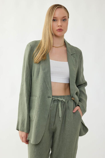 %100 Keten Tek Düğme Cepli Ceket - 9