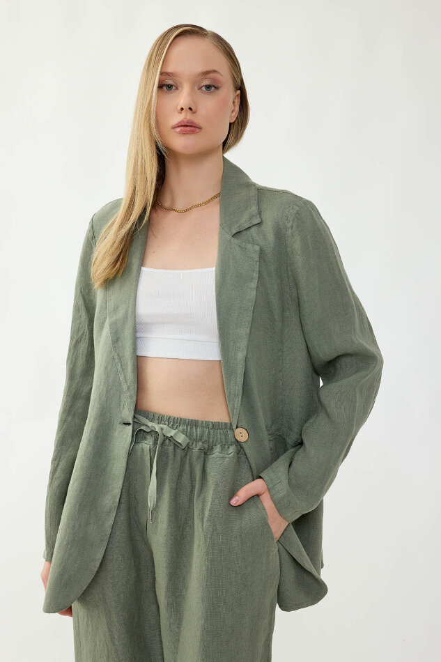 %100 Keten Tek Düğme Cepli Ceket - 12