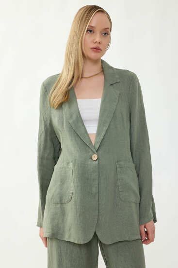 %100 Keten Tek Düğme Cepli Ceket - 13