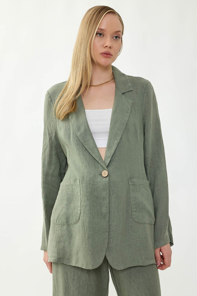 %100 Keten Tek Düğme Cepli Ceket - 13