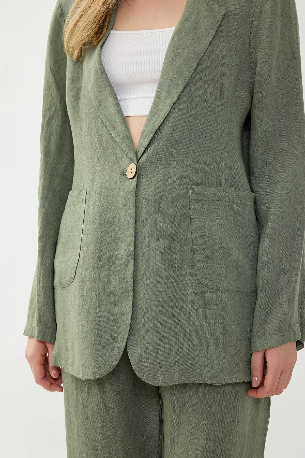 %100 Keten Tek Düğme Cepli Ceket - Thumbnail