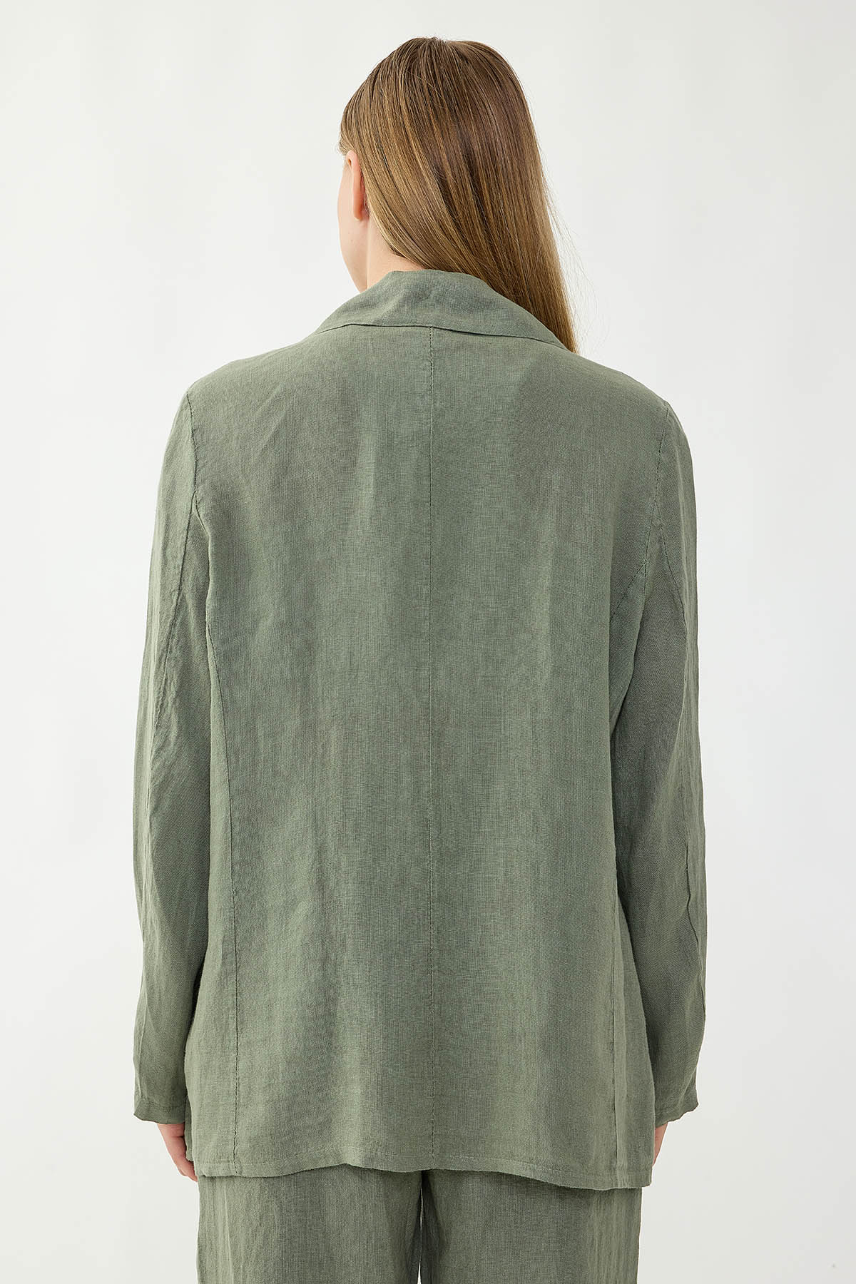 %100 Keten Tek Düğme Cepli Ceket - Thumbnail