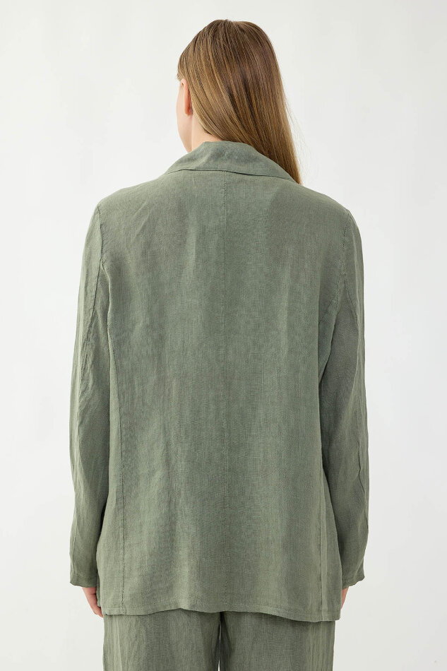 %100 Keten Tek Düğme Cepli Ceket - 11