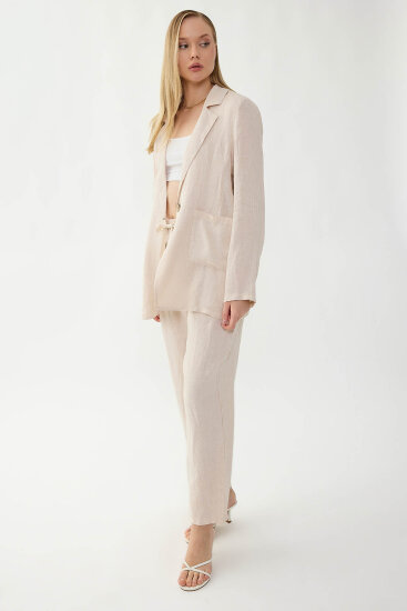 %100 Keten Tek Düğme Cepli Ceket - 16