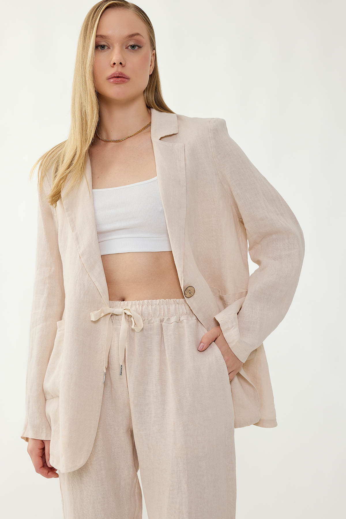 %100 Keten Tek Düğme Cepli Ceket - Thumbnail