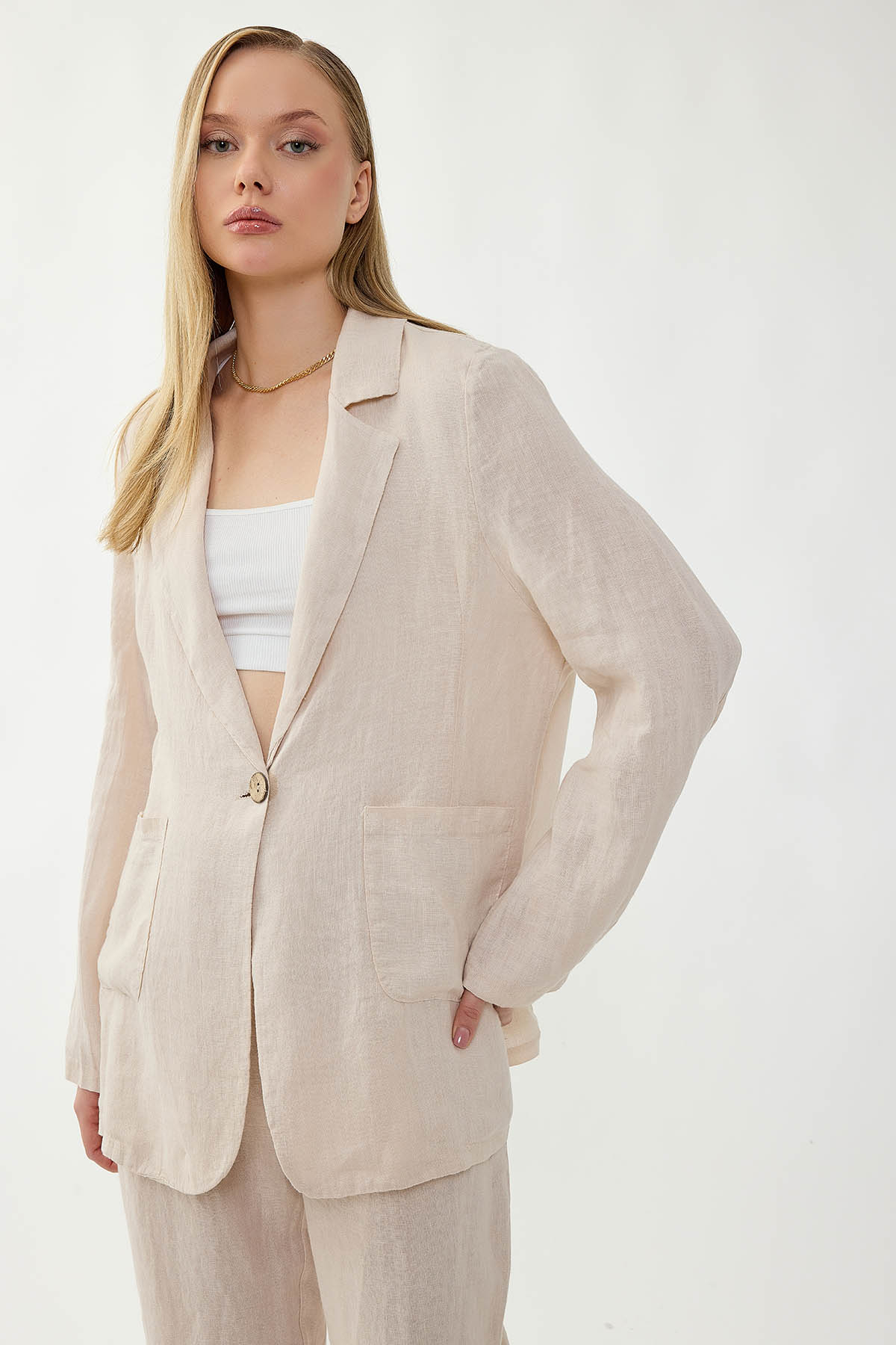 %100 Keten Tek Düğme Cepli Ceket - Thumbnail