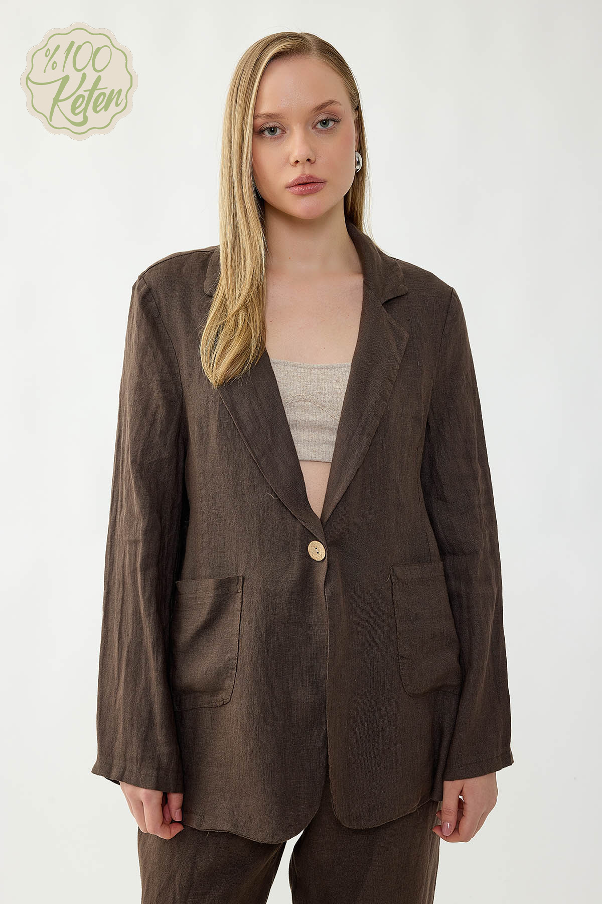 %100 Keten Tek Düğme Cepli Ceket - Thumbnail