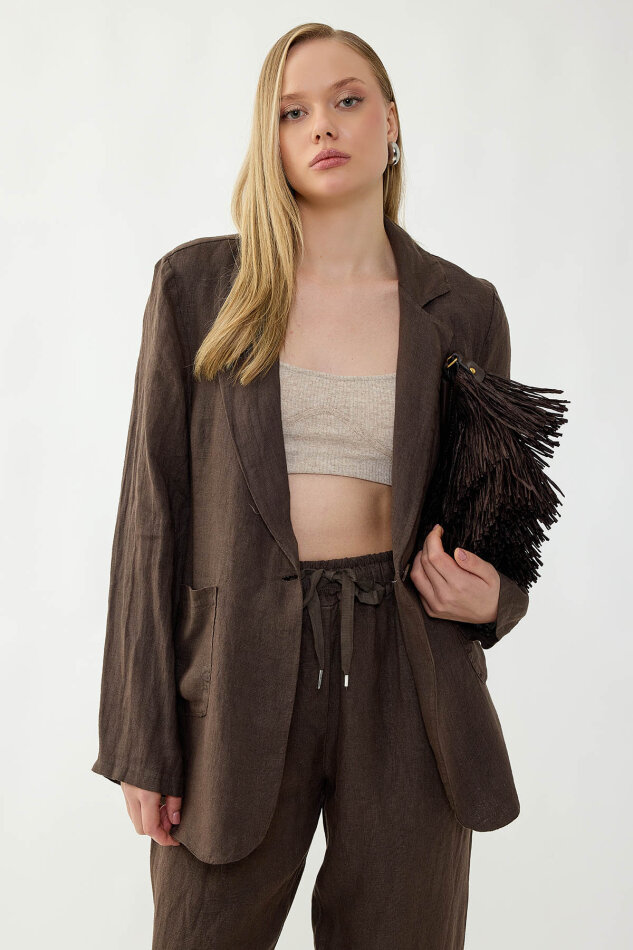 %100 Keten Tek Düğme Cepli Ceket - 21