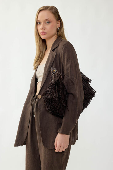 %100 Keten Tek Düğme Cepli Ceket - 22