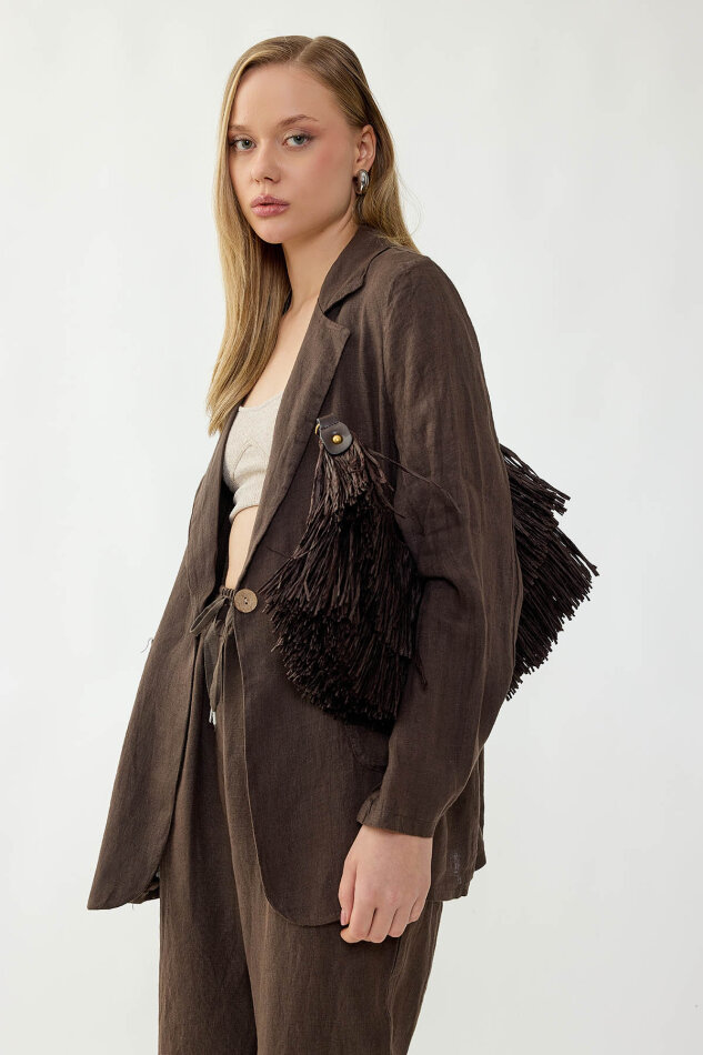 %100 Keten Tek Düğme Cepli Ceket - 22