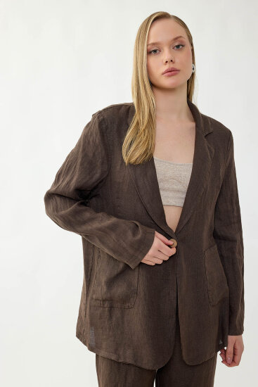 %100 Keten Tek Düğme Cepli Ceket - 23