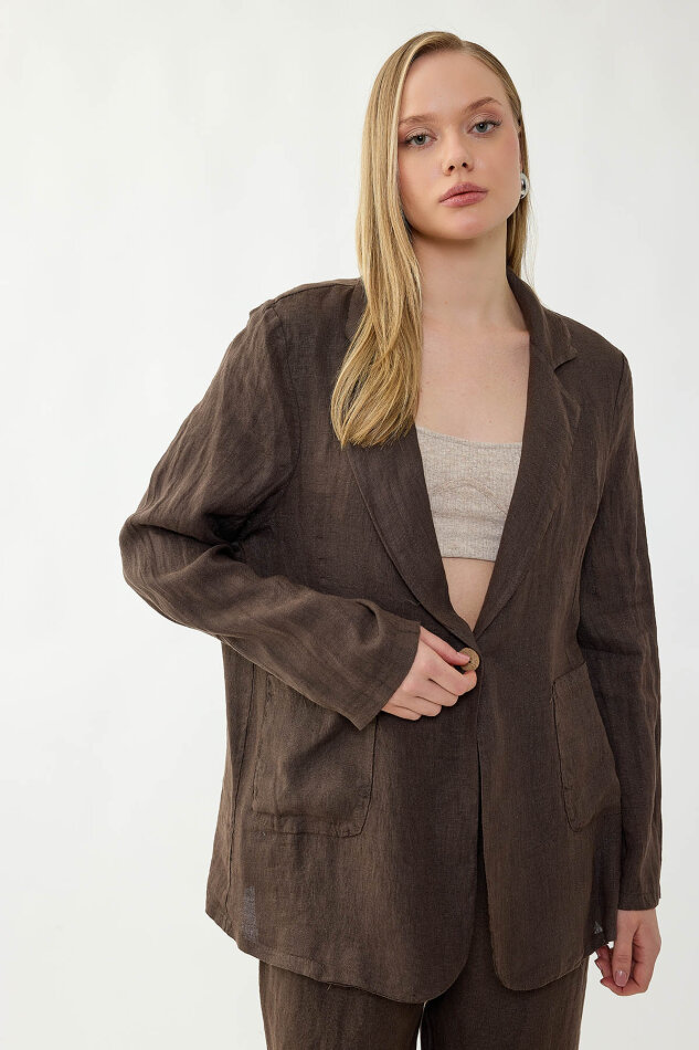 %100 Keten Tek Düğme Cepli Ceket - 23