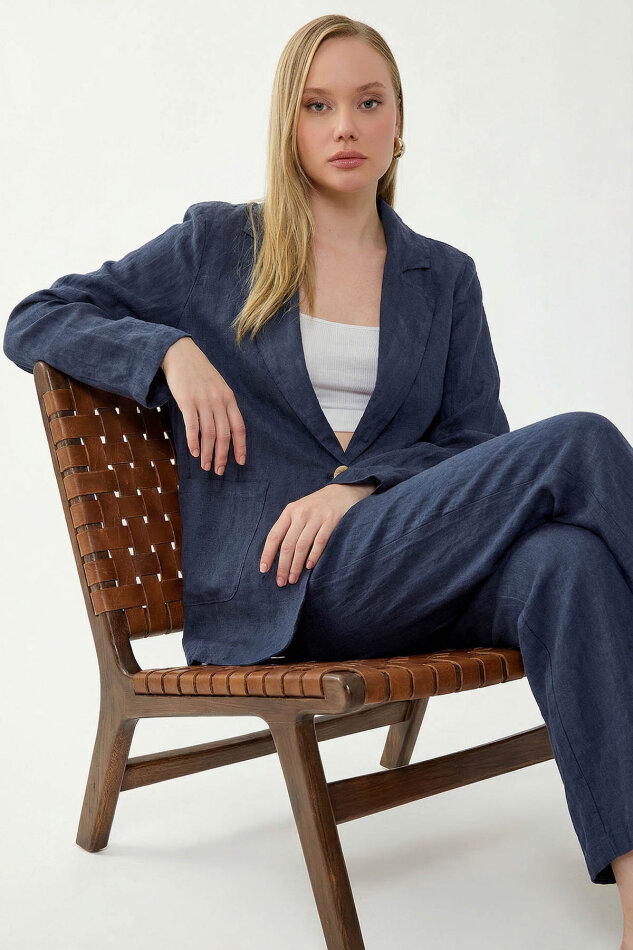 %100 Keten Tek Düğme Cepli Ceket - 27