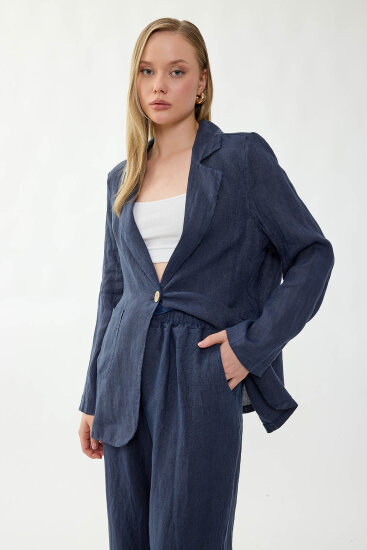 %100 Keten Tek Düğme Cepli Ceket - 31