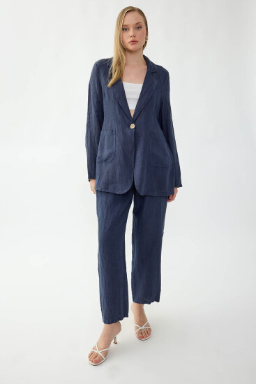 %100 Keten Tek Düğme Cepli Ceket - 28