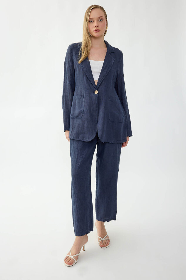 %100 Keten Tek Düğme Cepli Ceket - 28